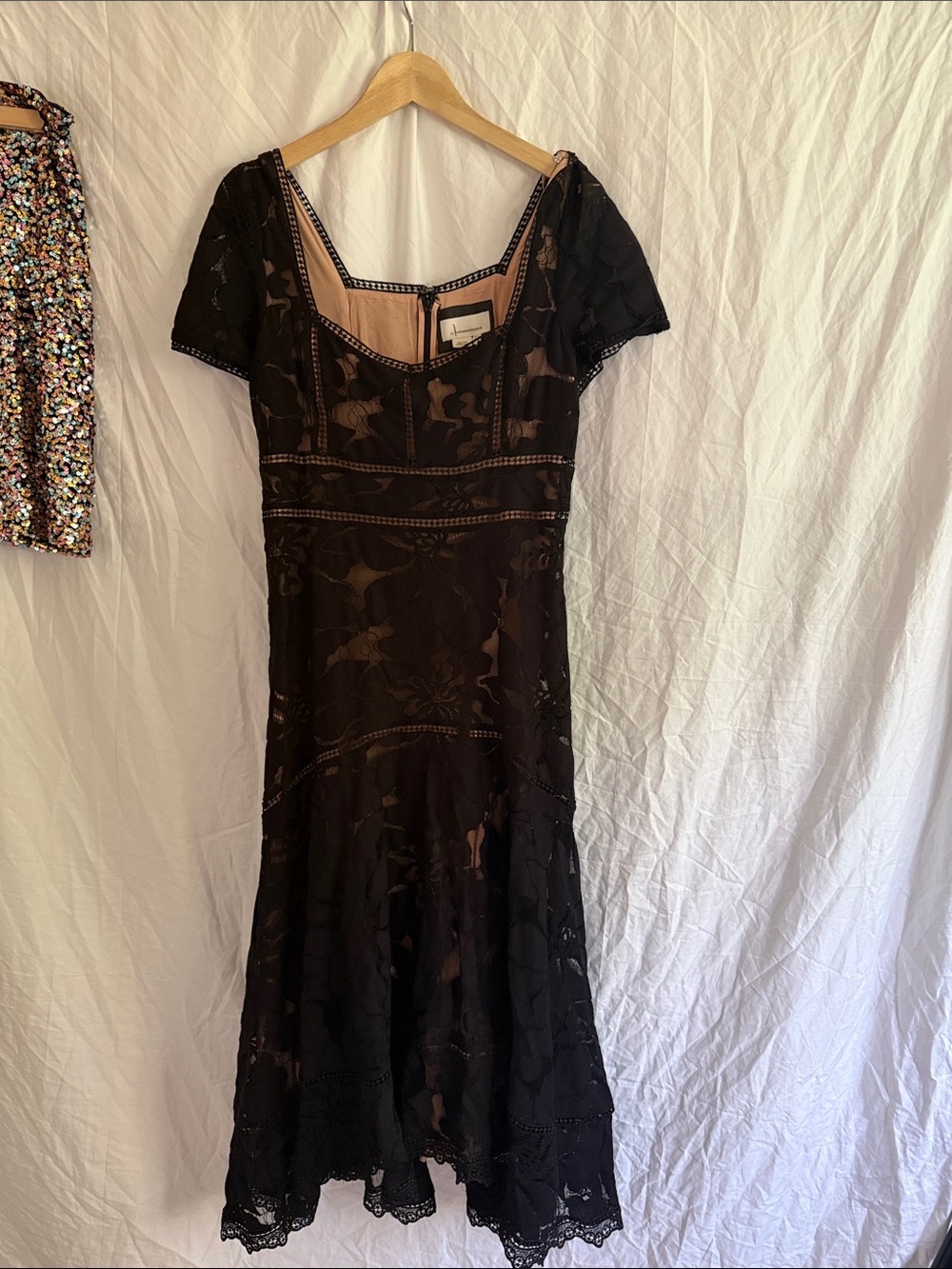 Anthropologie Black Lace Short-Sleeve Midi Dress
